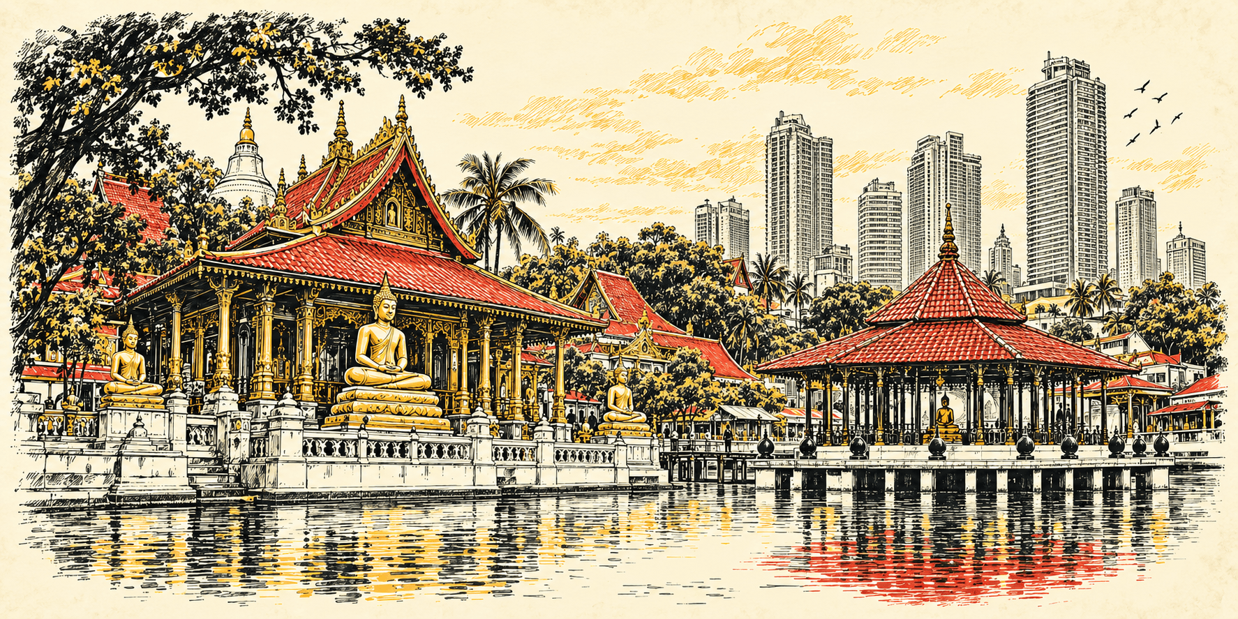 Ink travel-poster illustration of Gangaramaya, Colombo