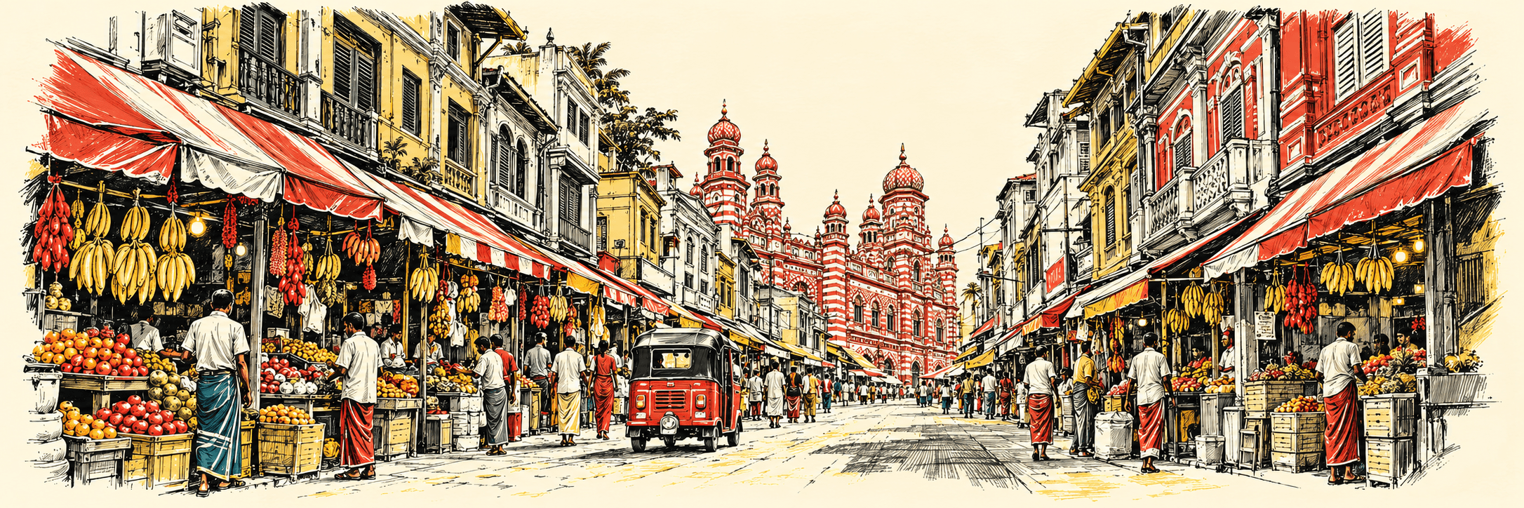 Ink travel-poster illustration of Pettah, Colombo