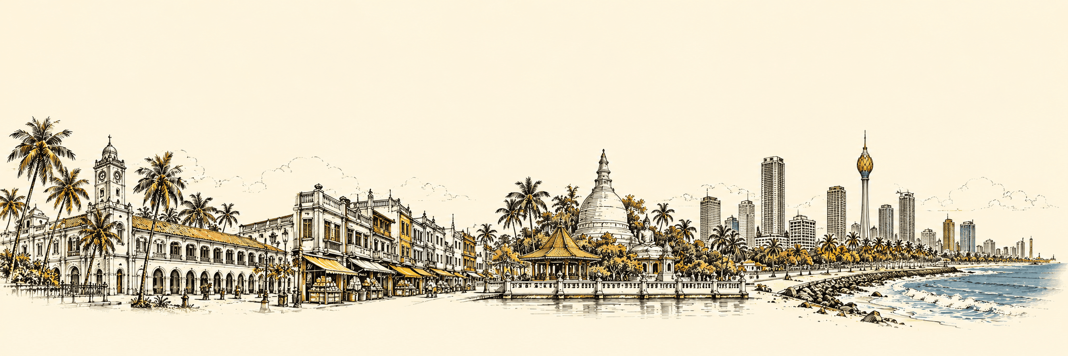 Hand-drawn Colombo panorama with Fort streets, temple landmarks, the Lotus Tower and oceanfront